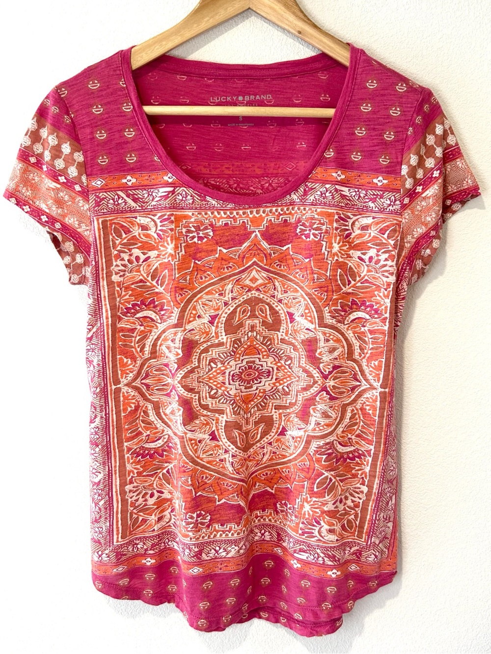 LUCKY BRAND Tribal Print Cap Sleeve Scoop Neck Cotton T-Shirt Boho Casual Size S